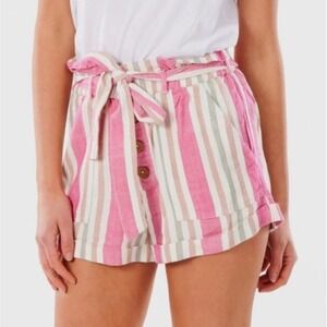 Rip Curl Striped Shorts‎ Paperbag Waist Casual Button Front Pink XS